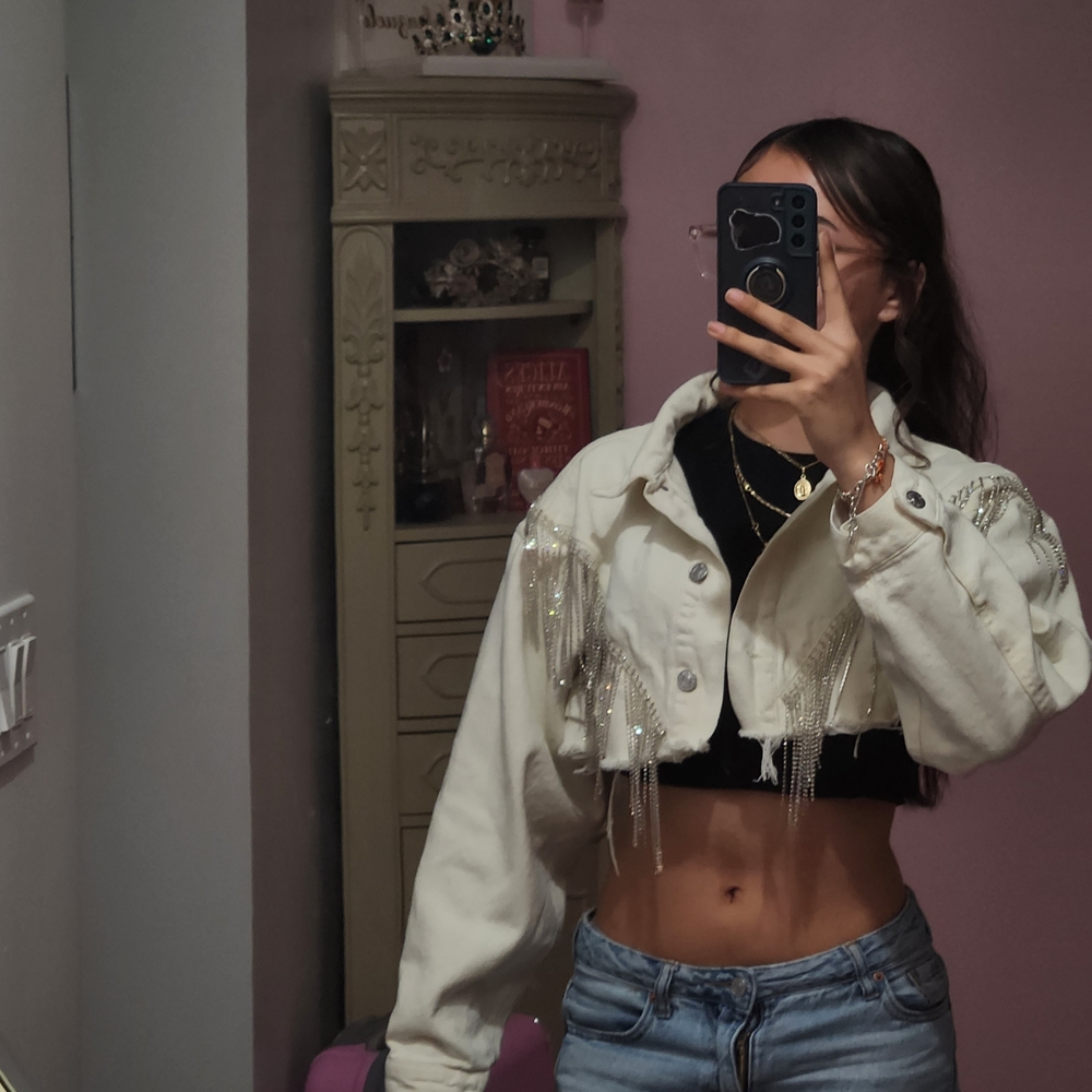 Windsor Cream Cropped Jean Jacket with Beaded Fringe